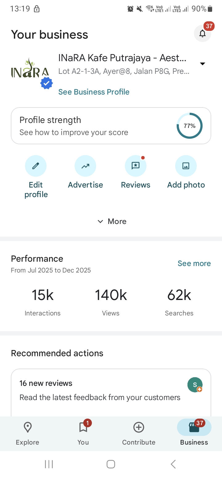 Digital Marketing Results - Inara Kafe Putrajaya Google Business Profile 140k Views